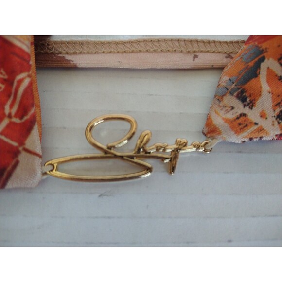 NWT Pretty Little Thing Bikini Top 10 Bottom 8 orange newspaper print ruched tie - Picture 8 of 12